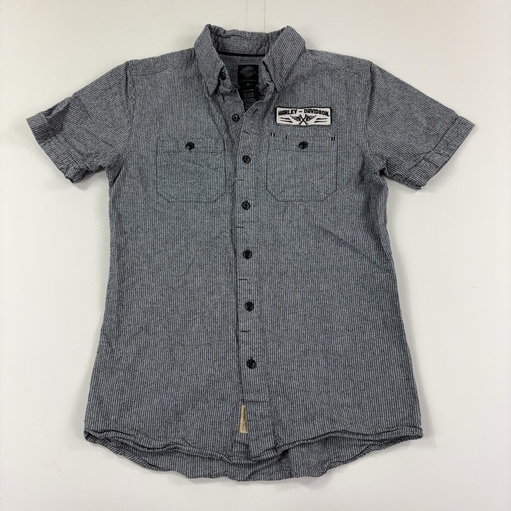 Harley-Davidson Shirt Mens Small Gray Striped Short Sleeve Button Up Embroidered